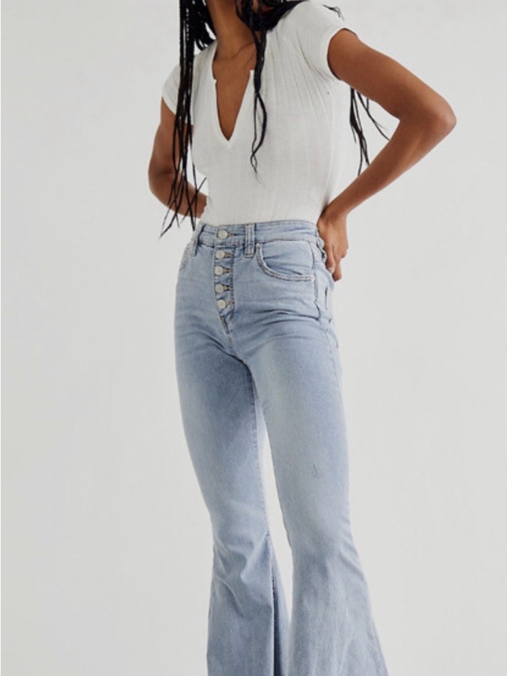Free People IRREPLACEABLE Kent Blue Flare Raw Hem Button Fly Jeans Size 27